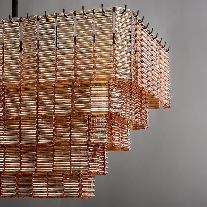 Rectangular Large Chandelier for Dining Room, 59" Black Pendant Light Fixture Over Kitchen Island, Linear Chandelier with Adjustable Height, Amber Glass Chandeliers for Dining Table & Living Room