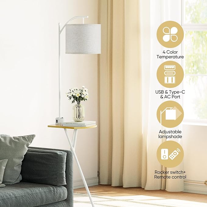 ROTTOGOON Floor Lamp with Table, End Table Lamp with Remote Control and Charging Station(USB & Type-C & AC Port), 4 Color Temperatures, Floor Lamps for Living Room, Bedroom and Home Office,White