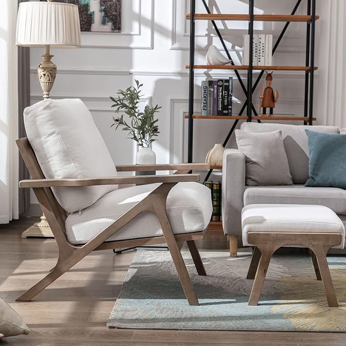Wahson Set of 2 Mid Century Arm Chairs and Ottomans, Upholstered Accent Armchair with Wood Frame and Linen Cushions, Leisure Slipper Chair for Living Room/Bedroom, Cream