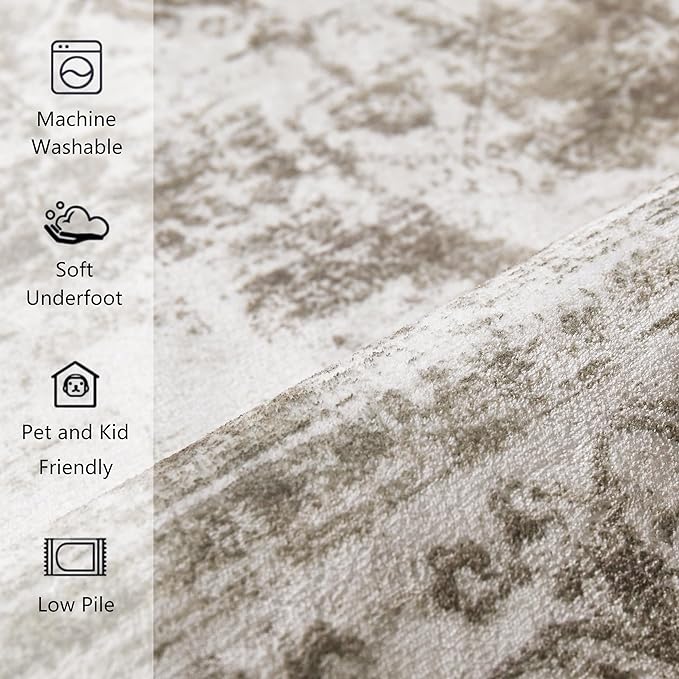 Area Rug 10x14 Beige Washable Living Room Carpet Non Slip Vintage Medallion Indoor Bedroom Carpet Low Pile Soft Retro Distressed Large Rug Home Office Dining Room Playroom