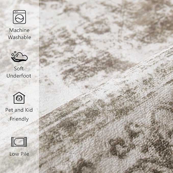 Runner Rug 2x7 Beige Hallway Washable Carpet Non Slip Vintage Medallion Carpet Low Pile Soft Distressed Retro Indoor Long Rug for Entryway Kitchen Bathroom Laundry Bedroom