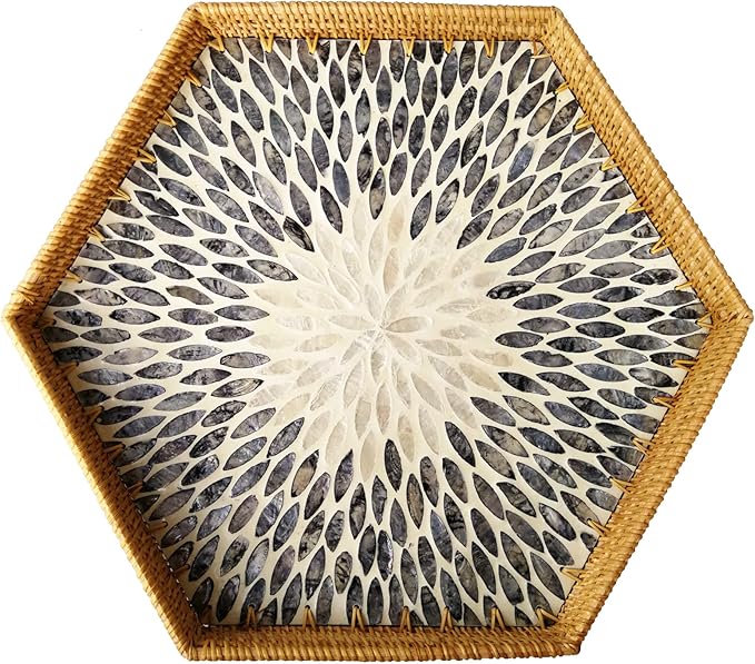i-LAN 17”Extra Large Hexagonal Rattan and MOP Woven Basket Tray, Boho Wicker Coffee Table Serving Basket Décor with 2 Inch Wall, Handmade Hexangular Display Basket for Countertop