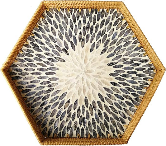 i-LAN 17”Extra Large Hexagonal Rattan and MOP Woven Basket Tray, Boho Wicker Coffee Table Serving Basket Décor with 2 Inch Wall, Handmade Hexangular Display Basket for Countertop