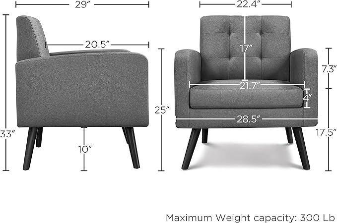 Yaheetech Mid-Century Accent Chairs, Modern Upholstered Living Room Chair, Cozy Armchair Button Tufted Back and Wood Legs for Bedroom/Office/Cafe, Set of 2, Gray
