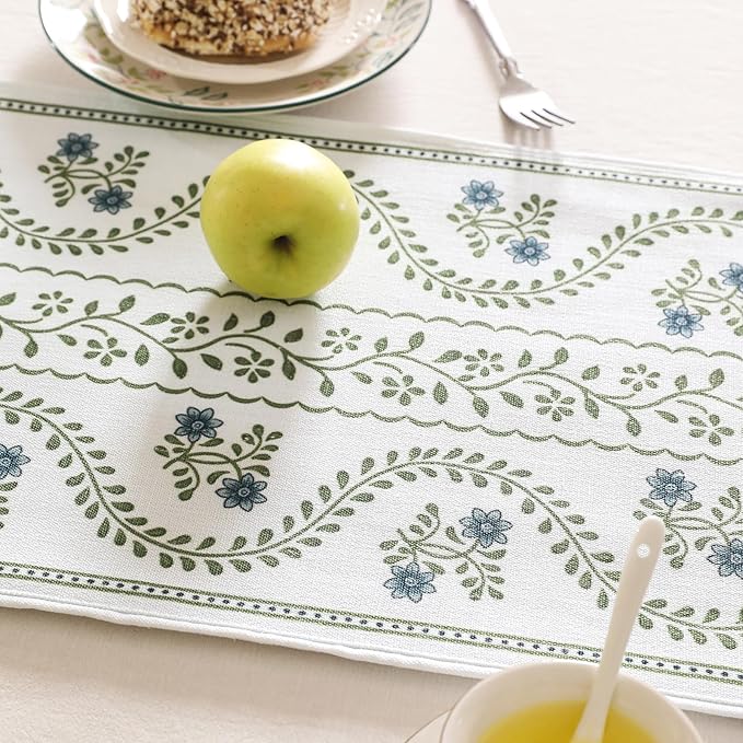 Designer White Elegant Linen Extra Long Table Runner 118 Inches,Chinoiserie Floral Decor Durable Table Runners for Dining Tables,Thanksgiving,Kitchen Tables,Christmas,12"*118"-Mosella D