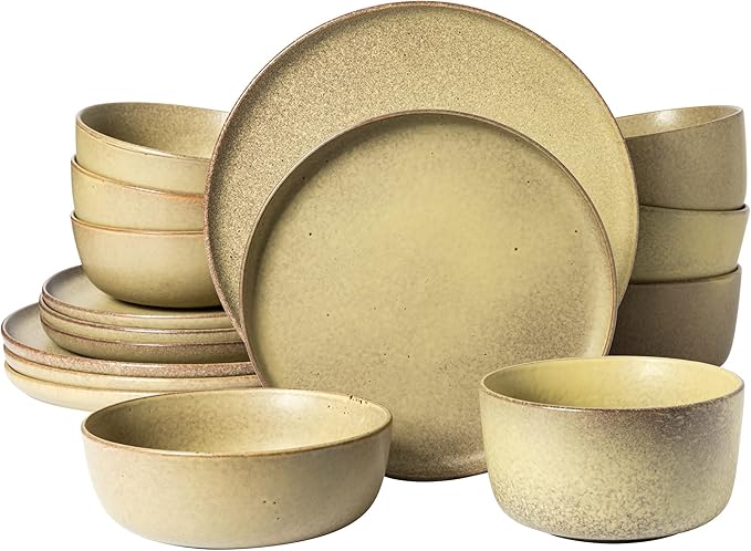 Gibson Elite James Street 16 Piece Stoneware Matte Reactive Double Bowl Dinnerware Set - Toast Cream, Service for 4 (16pcs)