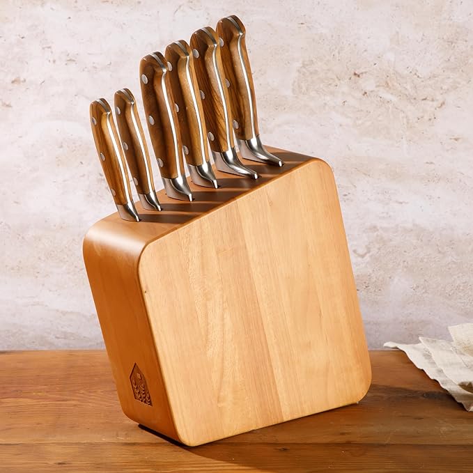 Bloomhouse 7 Piece Italian Olive Wood Kitchen Knife Block Set w/German Forged Stainless Steel Knives