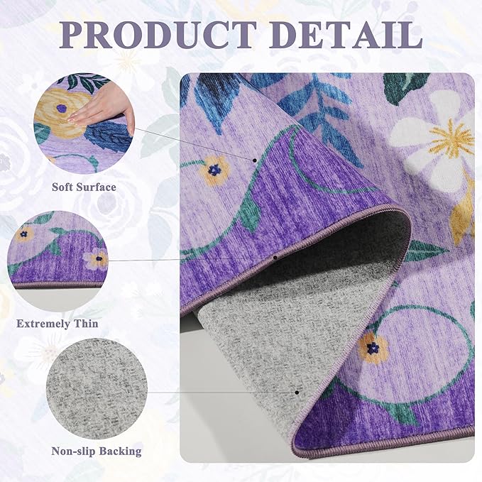DUKINO 2x6 Runner Rug for Hallway, Washable Kitchen Rug with Non Slip Backing, Low Pile Soft Boho Floral Runner for Kitchen, Hallway, Entryway, Laundry, Bedroom, Purple