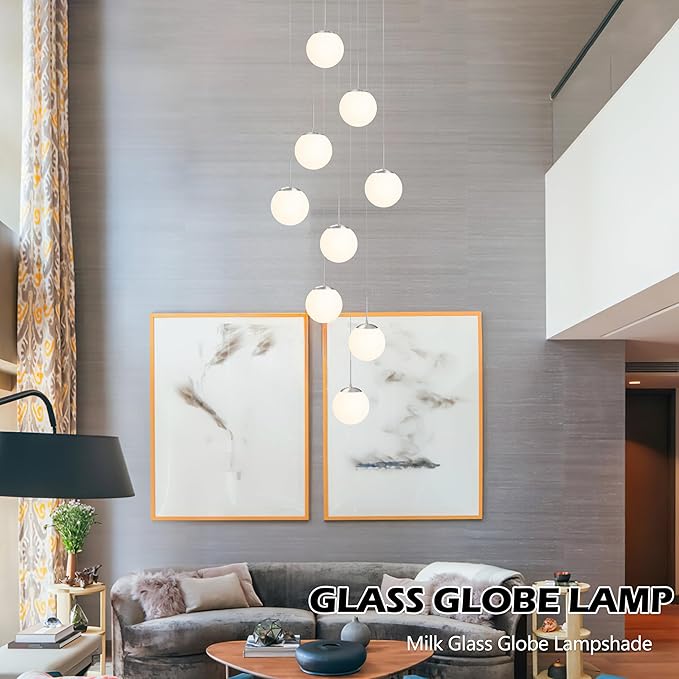 KoKo&Yukina 9-Light Globe Milky White Glass Pendant Light Adjustable Length Pendant Lights Modern Glass Globe Pendant Lights Nickel Chandeliers Large Chandeliers for High Ceiling (Bulb & Remote Incl)