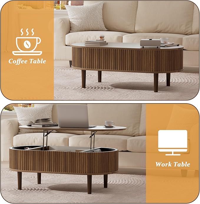 EAG Fluted Lift Top Coffee Table with Hidden Compartment, 39 Inch Modern Oval Coffee Table with 3 Storage, Fully Wooden Assembled Center Table for Living Room, Office, Walnut
