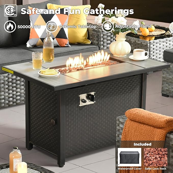 ovios 9 Pieces Patio Furniture Set, Outdoor Wicker Sectional Sofa with 42" Firepit Table Swivel Chair, Modern Modular Deep Seat Rattan Couch Conversation Sets, Black