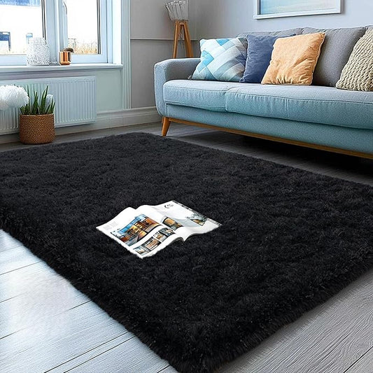 Black Area Rug for Bedroom, 3x5 Rugs for Living Room Nursery Kids Room Dorm Home Decor Aesthetic, Fluffy Shaggy Rug with 4 Anti-Slip Carpet Tapes