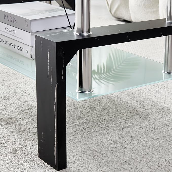 Living Room Rectangle Coffee Table, Tea Table Suitable for Waiting Room, Modern Side Coffee Table with Wooden Leg, Glass Tabletop with Lower Shelf, Black Marble Leg.