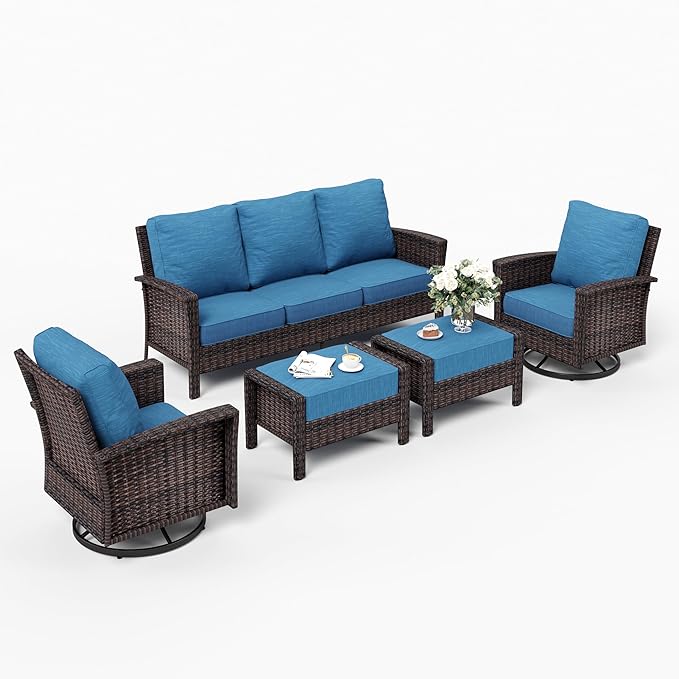 Patio Furniture Set with Swivel Chairs, High Back Wicker Rattan Sofa Chairs with 5.5" Thick Cushion and 2 Ottoman, Outdoor Conversation Set for Backyard Deck, Blue