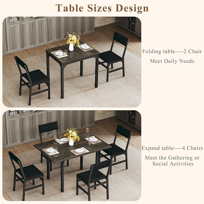 Dining Table Set for 4, Extendable Kitchen Table Cushion Chairs Set of 4, Rectangle Dining Table with Metal Frame & MDF Board, Folding for Small Apartment Saving Space, Grey Oak