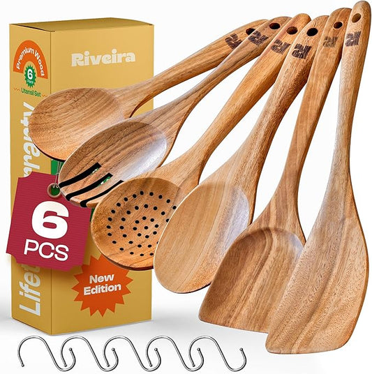 Riveira's 6-Piece Kitchen Essentials - Wooden Spoons for Cooking and Comprehensive Cooking Utensils Set