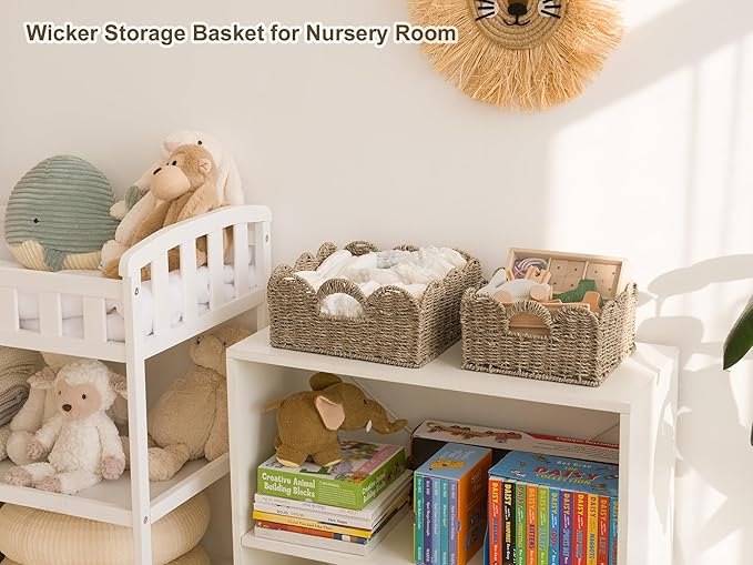 StorageWorks Scalloped Wicker Basket, Hand-woven Rattan Baskets with Built-in Handles, Seagrass Basket for Organizing and Decor, 2 Pack