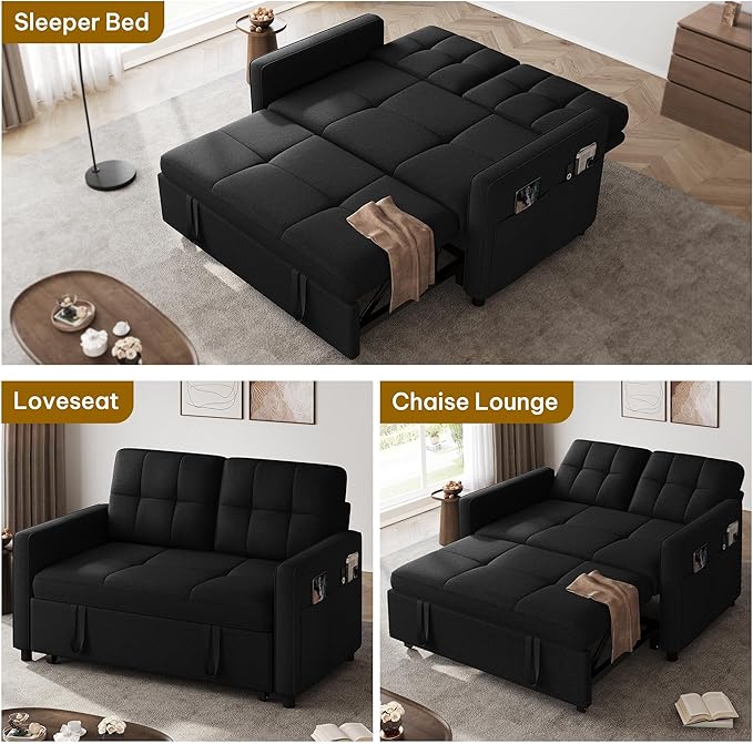 DWVO 55" Convertible Sofa Bed, 3-in-1 Sleeper Sofa with Pull-Out Bed, Linen Futon Couch with Adjustable Backrest and Side Pocket, Modern Loveseat for Living Room Apartment, Balck