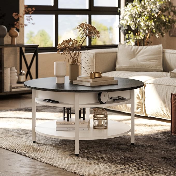 FABATO Round Lift Top Coffee Table with Storage and Hidden Compartment, 26.77'' Farmhouse Coffee Table for Living Room Reception Room, 2 Tier Small Round Coffee Table Circle Dining Table, White