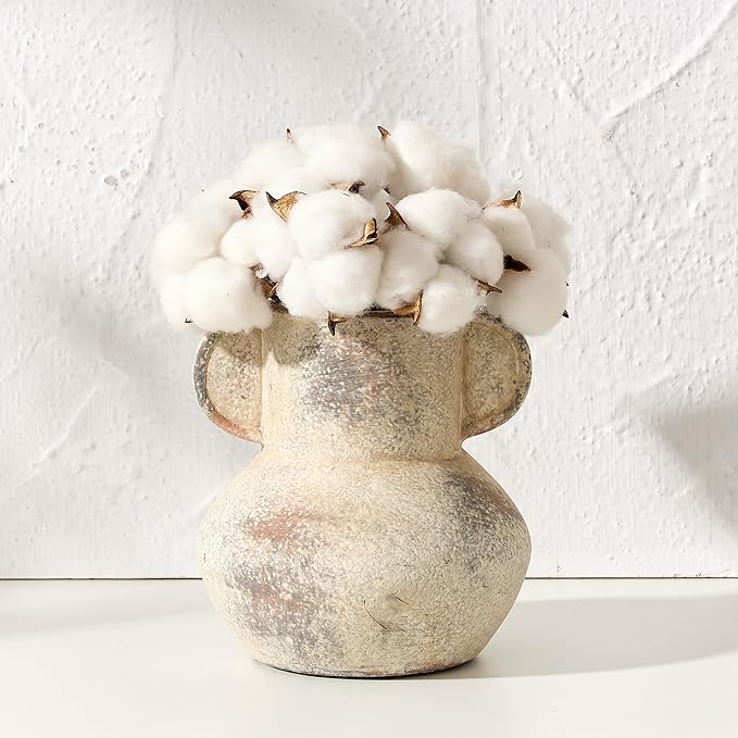 Antique Ceramic Vase with 2 Handles, 6.1 Inch Farmhouse Rustic Vase, Small Decorative Pottery Flower Vases for Home Decor, Wedding, Living Room, Table, Shelf Decor, Terra