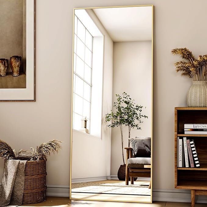 68"x 24" Full Length Mirror with Stand, Large Wall-Mounted or Leaning Floor Mirror with Aluminum Alloy Frame, Rectangular Wall Mirrors for Bedroom, Entryway, and Living Room Decor, Gold