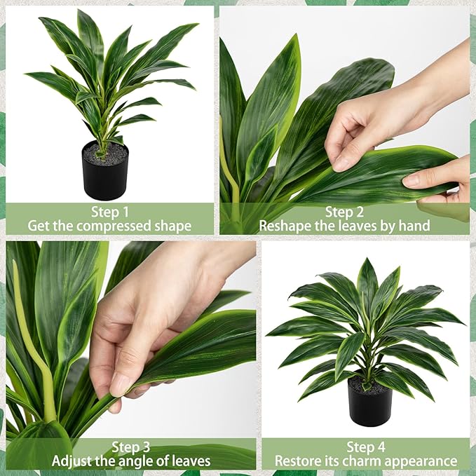 Artificial Plants Indoor with Pot, 18.1" Fake Potted Plants Medium Artificial Dracaena Plant in Black Pot Faux Tropical Plants for Bathroom Living Room Office Desk Shelf Decor