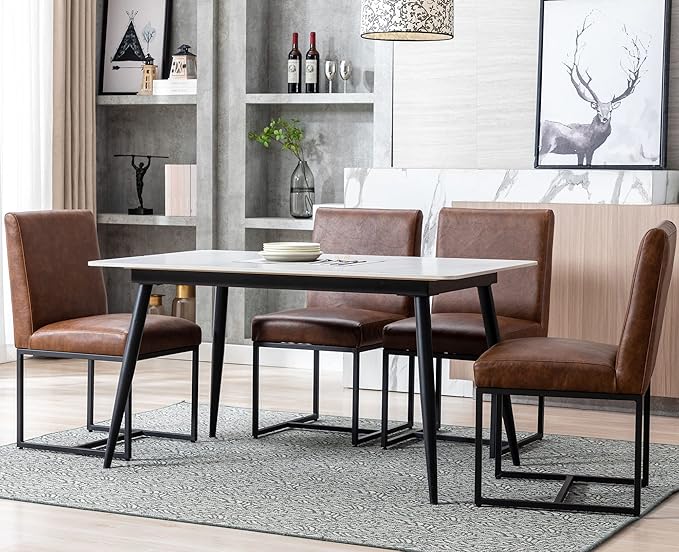 VESCASA Faux Leather Upholstered Dining Chairs with Black Metal Frame, Mid Century Modern Padded Kitchen Chair with Adjustable Foot Pads for Restaurant, Dining Room, Set of 4, Brown