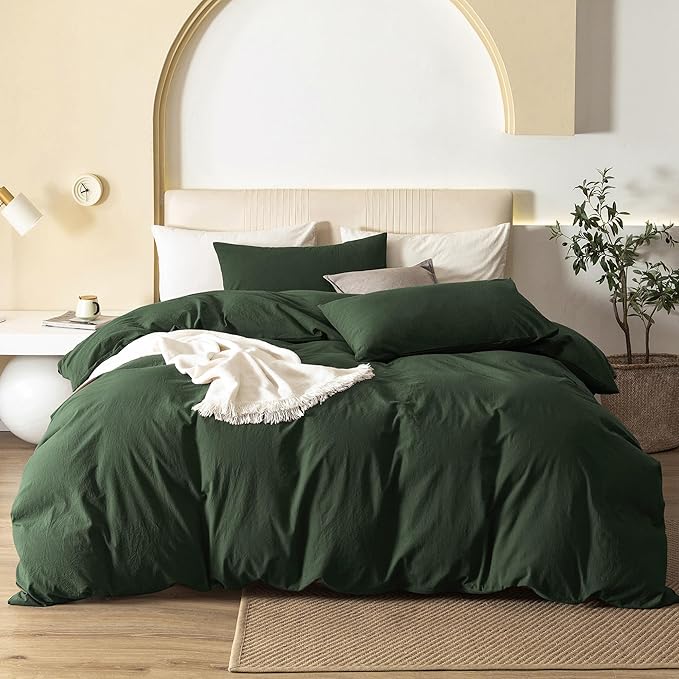JIYUAN 100% Washed Cotton Duvet Cover Set 3 Pieces Alaska King, 1 Duvet Cover 132x120 Inches(Comforter Not Included) and 2 Pillowcases,Linen Feel Bedding Set Comfy and Breathable,Forest Green