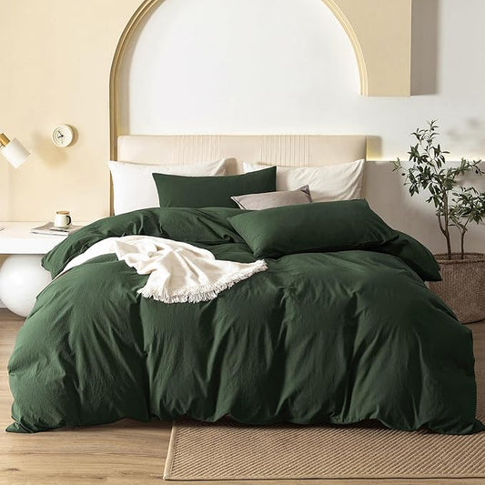 JIYUAN 100% Washed Cotton Duvet Cover Set 3 Pieces Super Queen, 1 Duvet Cover 90x98 Inches(Comforter Not Included) and 2 Pillowcases,Linen Feel Bedding Set Comfy and Breathable,Forest Green