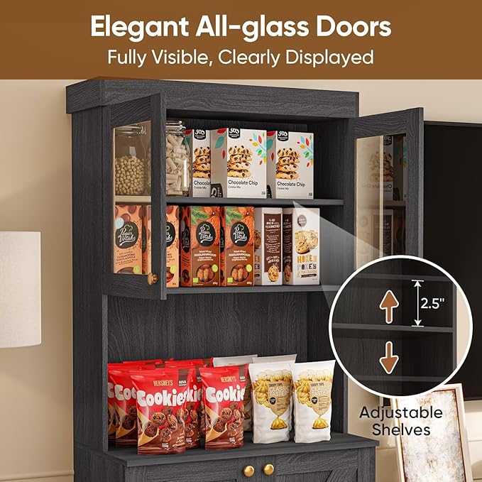 Vyre 71" Farmhouse Kitchen Pantry Cabinet, Black Freestanding Coffee Bar Hutch with Glass Doors & Adjustable Shelves, Large Storage Cabinet with Microwave Stand for Living Room & Kitchen