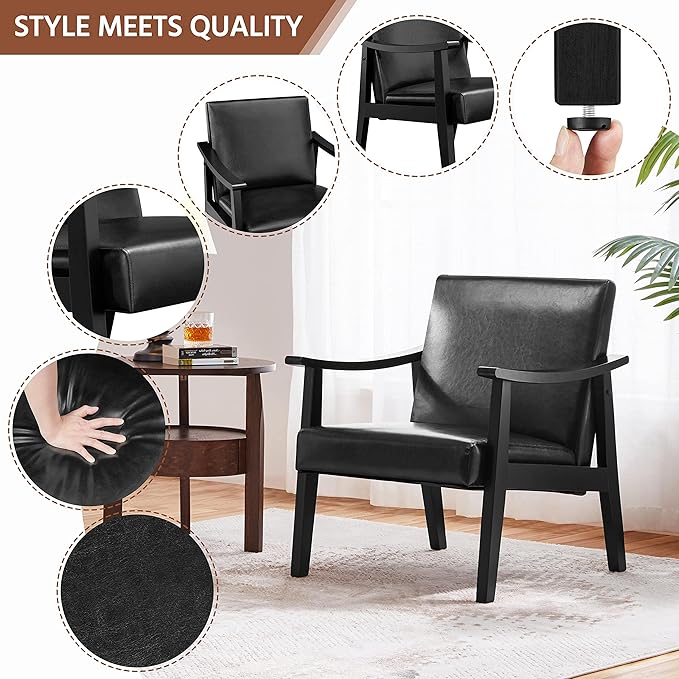 Yaheetech PU Leather Accent Chair, Mid-Century Modern Armchair with Solid Wood Legs, Reading Leisure Chair with High Back for Living Room Bedroom Waiting Room, 2 Pieces, Black
