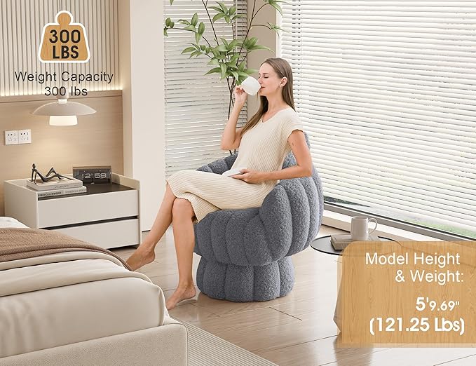 Mid Century Modern 360 Degree Barrel Swivel Accent Sofa Chair,Fluffy Sherpa Fabric Lounge Wide Upholstered Pumpkin Reading Chair, Round Cloud Armchair for Living Room,Bedroom,Vanity(Grey)