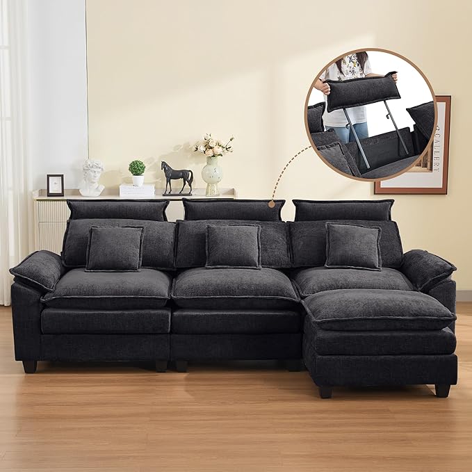 103'' Cloud Modern 3 Seater Couch with Detachable Headrest, Modular Sectional Sofa with Ottoman, Oversized L Shape Chenille Comfy Sofa with Armrests for Living Room, Dark Grey