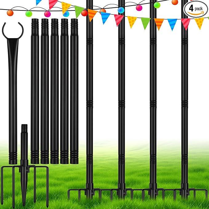 Suchtale 8.5FT Poles for String Lights with Forks, 4 Pack Metal Stands with Hooks & 5-Prong Base for Garden, Patio, Fence, Deck, Backyard, Wedding, Black, Built for Tough Environments