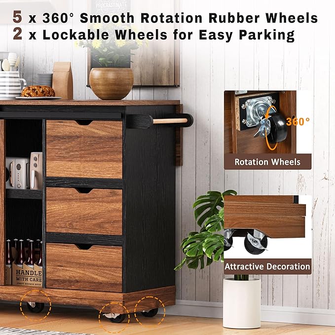 55.5" Farmhouse Kitchen Island with Drop Leaf, Kitchen Storage Island with Barn Door, Power Outlet, for Home, Kitchen, Dining Room, Black