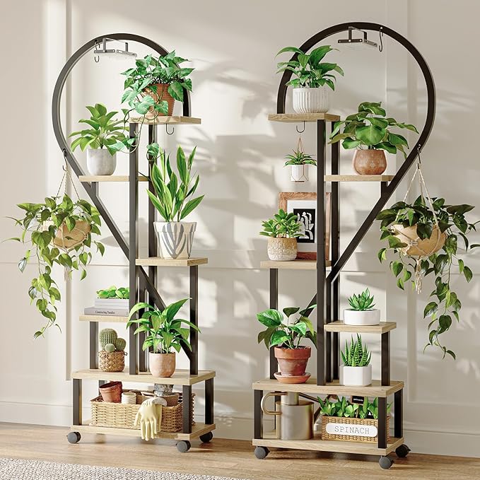 Bestier Plant Stand Indoor with Grow Lights, 6 Tiered Metal Plant Shelf for Indoor Plants Multiple, Half Heart Shape Plant Rack with Wheels, Large Plant Holder for Home Patio Balcony (2 Pcs, Oak)