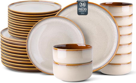 LERATIO Ceramic Dinnerware Sets for 12, 36 Pieces Plates and Bowls Sets, Reactive Glaze Dishes -Scratch Resistant, Dishwasher&Microwave Safe&Oven Safe-Kahki