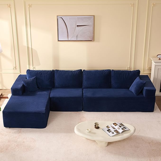 138" Boneless Couch with Deep Seat, Modular Sectional Sofa, Cloud Sectional Couch for Living Room, No Assembly Required, Corduroy, 4 Seater L-Shape Right, Blue