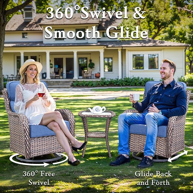 Luxury High Back Outdoor Furniture with 6-inch Extra Thick Cushions, Patio Furniture Set with Swivel Chairs, 7 PCS Wicker Conversation Set for Yard, Deck, Poolside, Brown/Blue