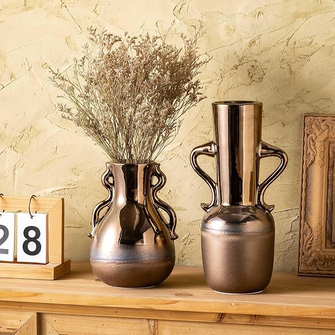 Gold Ceramic Vase with Handles, Brown Rustic Farmhouse Vintage Flower Vases Home Decor, Modern Amber Brown Tall Centerpiece Floral Small Vase for Living Room, Bedroom, Office Metal Glaze Finish 7.3 In
