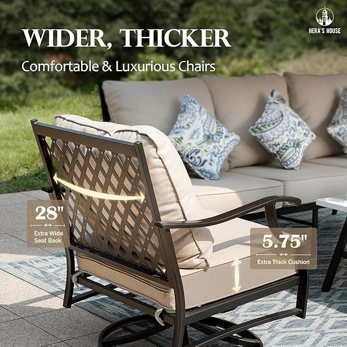 HERA'S HOUSE 6 Piece Patio Furniture Set, 2 x Swivel Cushioned Chair, 2 x Cushioned Ottoman, 1 x 3-Seat Sofa with Marbling Coffee Table, Outdoor Conversation Set for Lawn Garden Backyard