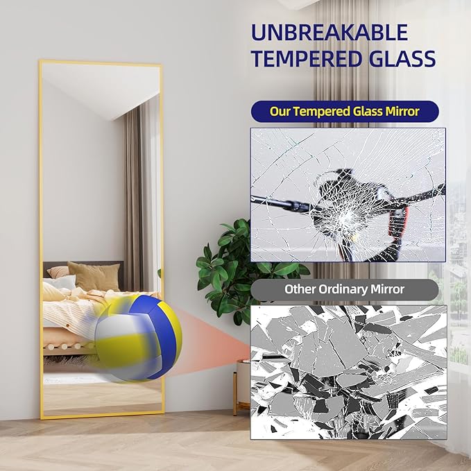 65"x24"Full Length Mirror with Stand,Gold Large Mirror,Shatterproof Tempered Glass&Aluminum Alloy Frame,Freestanding Full Body Mirrorr for Bedroom,Living Room,Dressing Room
