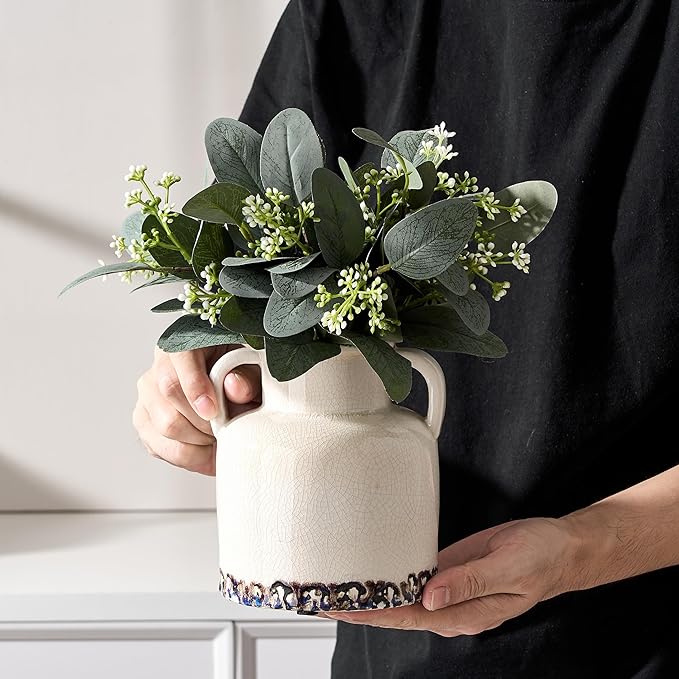 White Ceramic Vase with 2 Handles, 5.83 Inch Cute Retro Ice Cracked Flower Vase, Small Antique Vases for Modern Farmhouse Home Decor, Wedding, Living Room, Table, Shelf Decor, White