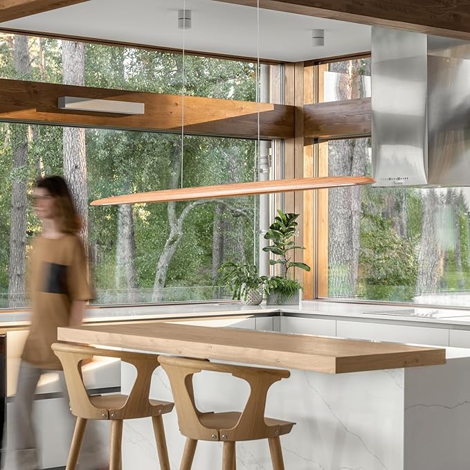 71" 40W Wood LED Linear Pendant Light Fixture Led Dining Room Light Dimmable Hanging Light Fixture for Dining Room Kitchen Island Pool Table Lights Natural Ash