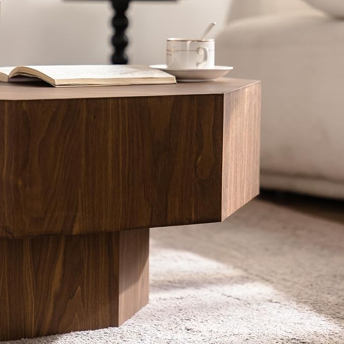 31.51" Coffee Table, Mid Century Modern Accent Coffee Tables, Octagonal-Shaped Wooden Centre End Table for Living Room Home Furniture - Walnut
