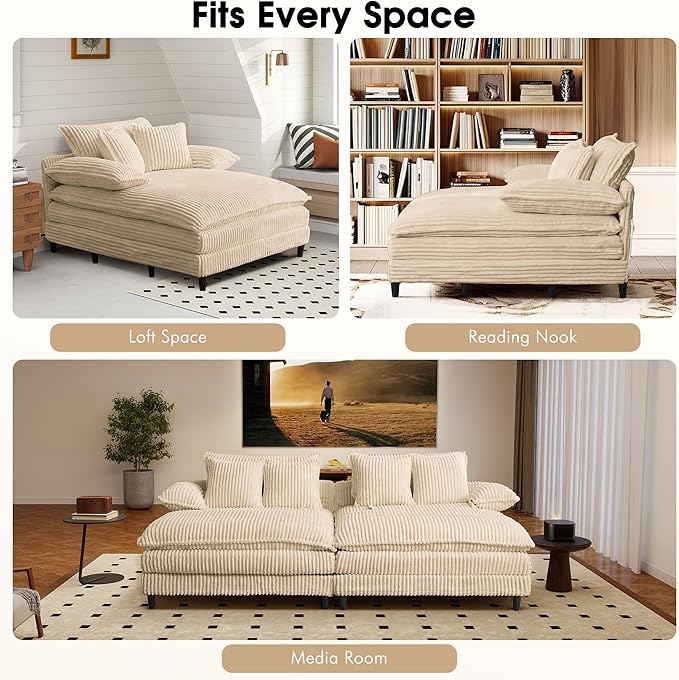 55" W Oversized Chaise Lounge Sofa Couch with 5-Position Adjustable Backrest, Corduroy Sleeper Sofa Bed, Reading Chair ‌with Deep Seat, Cloud Couches for Living Room, Khaki