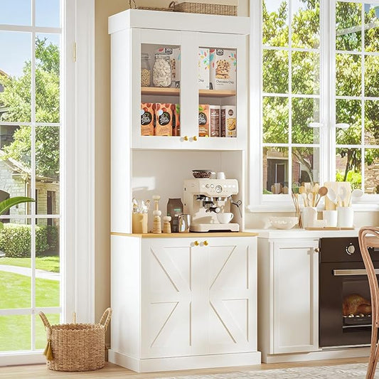 71" Tall Farmhouse Kitchen Pantry, Large Storage Cabinet with Glass Doors, Freestanding Coffee Bar Hutch with Microwave Stand, Adjustable Shelves for Kitchen, Living Room, White