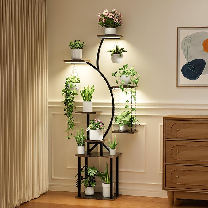 Plant Stand Indoor with Grow Lights, 8 Tiered Corner Plant Shelf, 63" Tall Plant Hanger Indoor for Multiple Plants, Metal Plant Flower Holder, Plant Rack for Display, Patio, Home Decor
