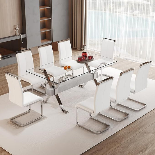 9 Piece Glass Dining Table Set, Kitchen Table Chairs Set for 8, 71'' Dining Table with 0.4" Tempered Glass Tabletop with Plated Metal Legs and MDF Crossbar, 8 PU Chairs for Dining Room, Kitchen.