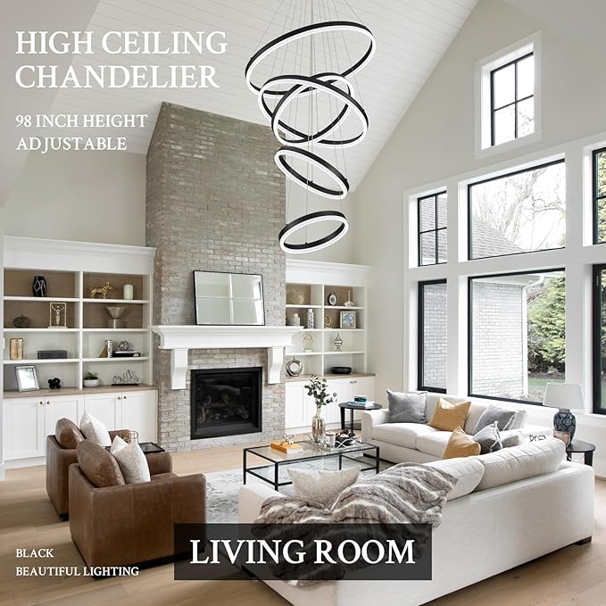 Modern LED Chandelier for Foyer Dimmable Black High Ceiling Chandeliers Foyer with Remote Control for Entryway Dining Room Living Room Staircase, 3000K-6500K(5-Rings D23.6’’)